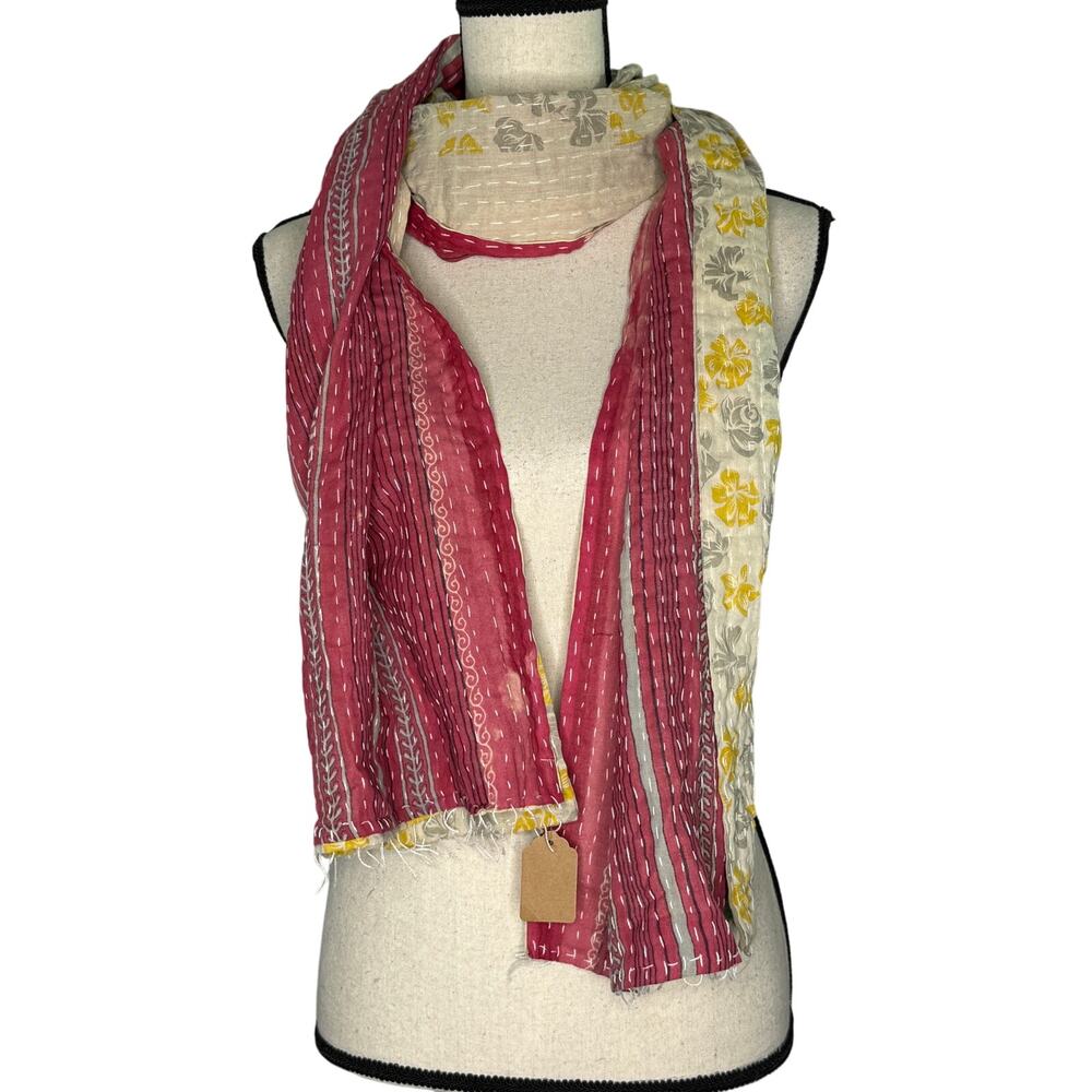 NWOT Kantha Reversible Seed Scarf in pink, light red, cream, yellow, gray